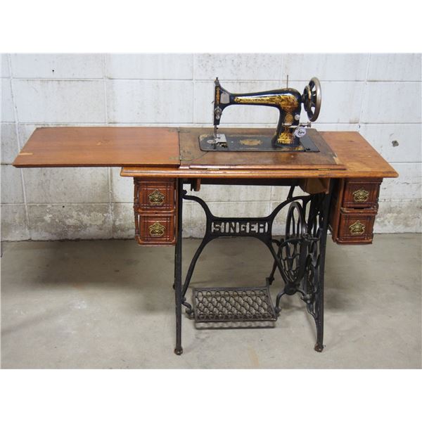 Vintage Singer Sewing Machine in Cabinet on Casters