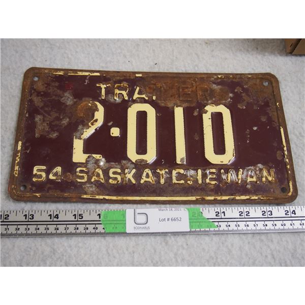 1954 Sask Trailer License Plate