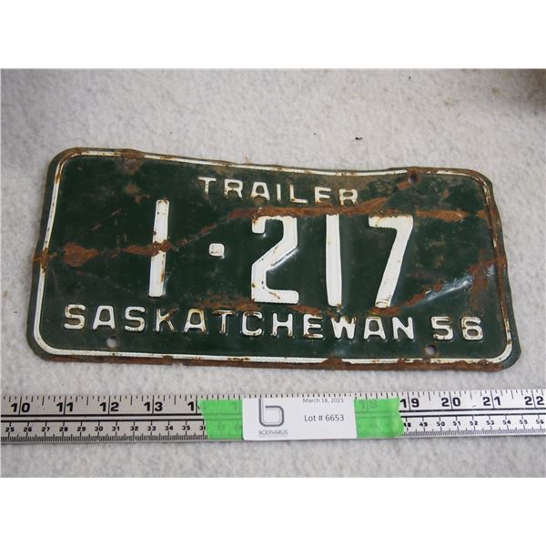 1956 Sask Trailer License Plate