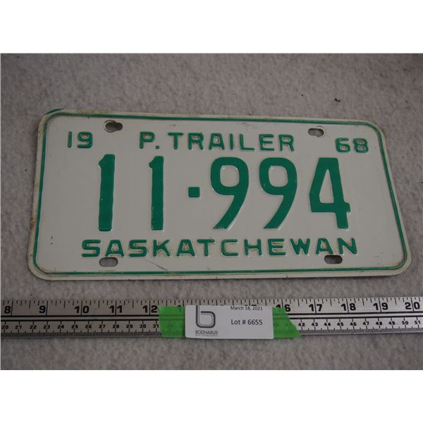 1968 Sask P Trailer License Plate