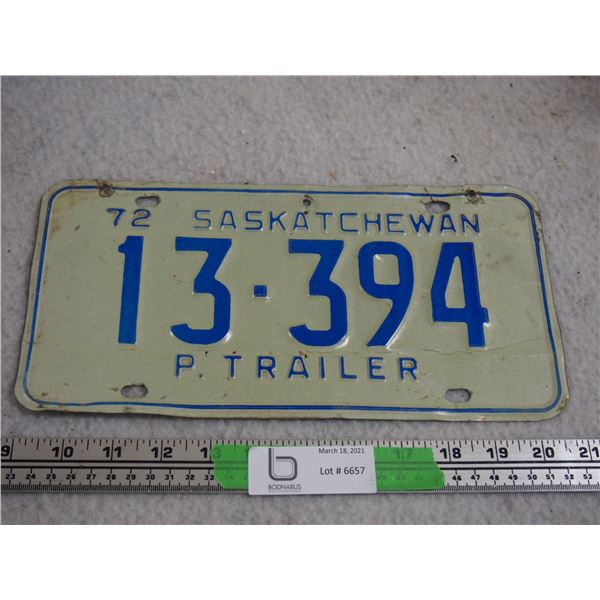 1972 Sask P Trailer License Plate