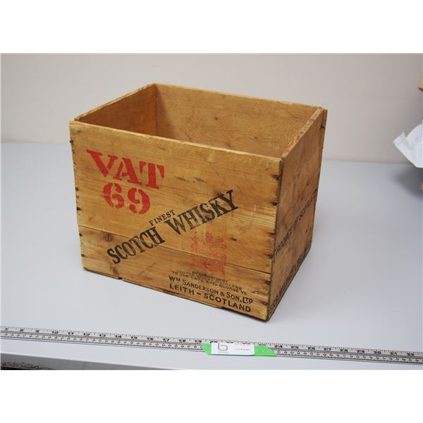 VAT 69 SCOTCH WHISKY WOODEN CRATE (11 1/4 X 14 1/2 IN LONG) (REGINA SK)