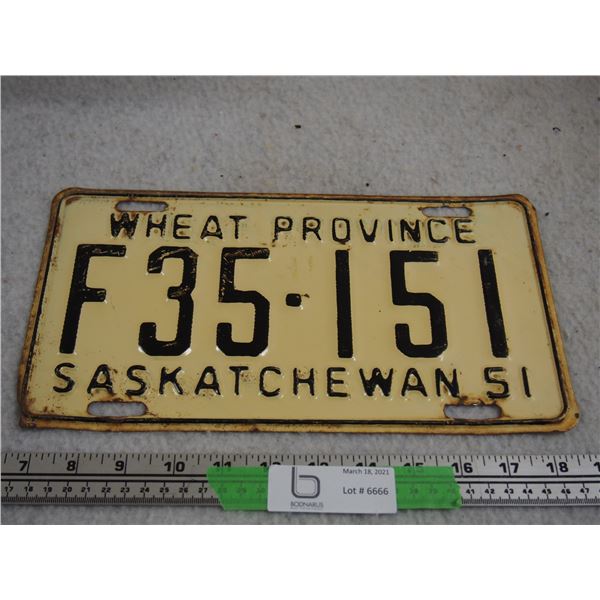 1951 Sask License Plate