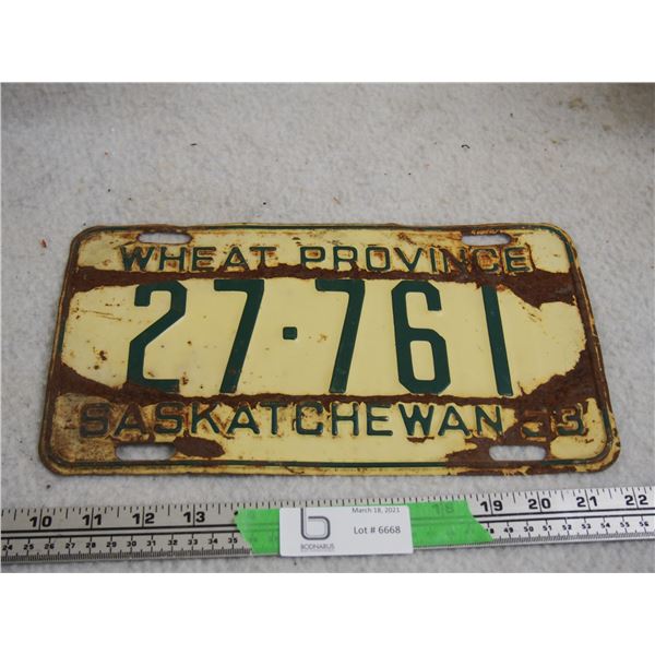 1953 Sask License Plate