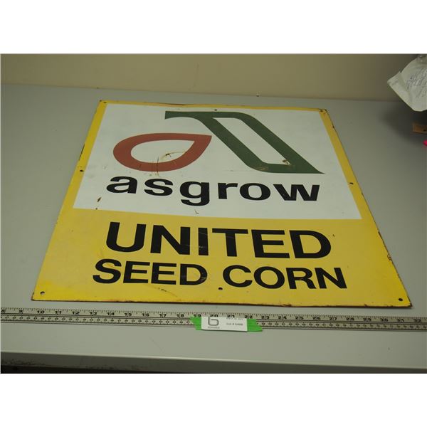 ASGROW UNITED SEED CORN TIN? METAL? SIGN (22 3/4 X 28 3/4 IN LONG)