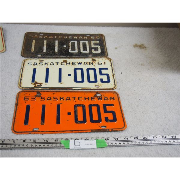 3X THE MONEY - 1960, 1961, and 1931 Sask License Plates (3 Same Number)