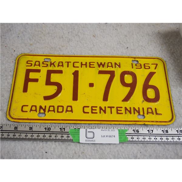 1967 Sask License Plate