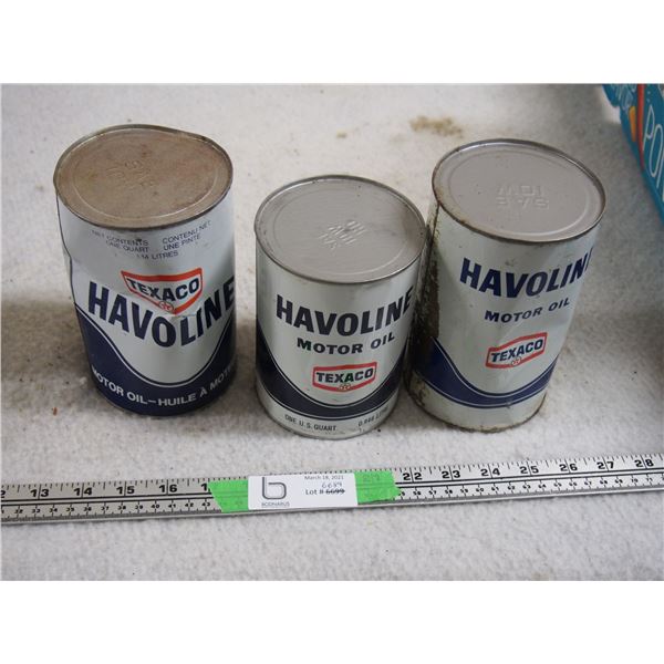 3 Full Havoline Motor Oil Tins 1 Quart Sae 10W and Saw 10W HD