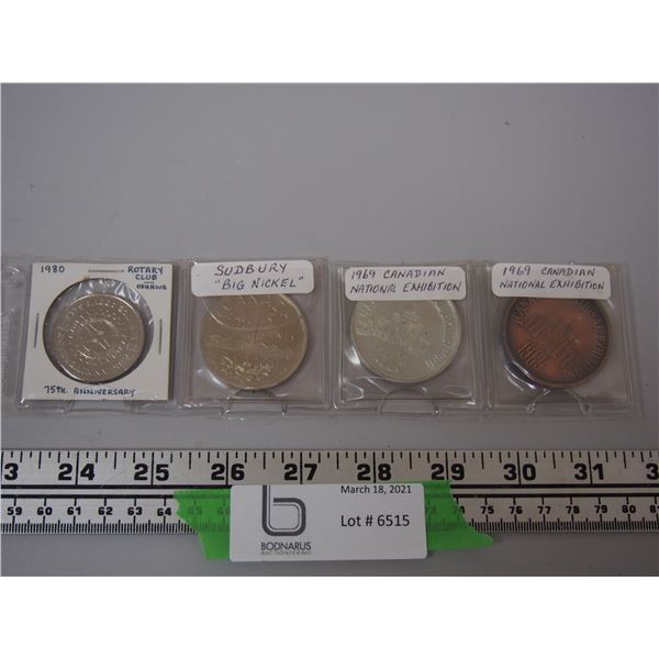 4X THE MONEY/ SUDBURY BIG NICKEL, 1969 CANADIAN NATIONAL EXHIBITION COINS 1980 ROTARY CLUB COIN