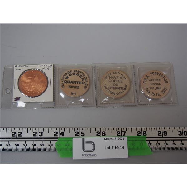 WOODEN COINS AND WINNIPEG MINT COIN