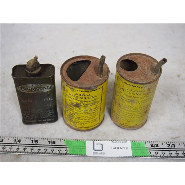 Bunning Gun Oil Metal Tin and 2 Coleman Measuring Cans