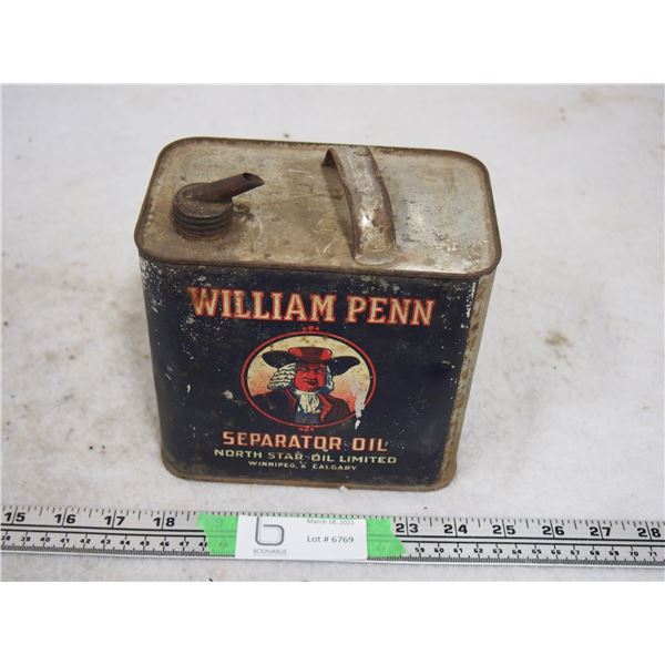 Vintage William PENN Separator Oil Tin 6" T