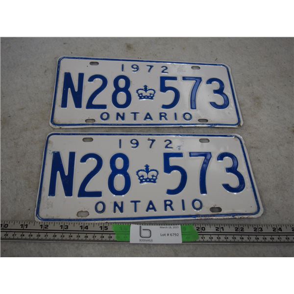 Pair of 1972 Ontario License Plates