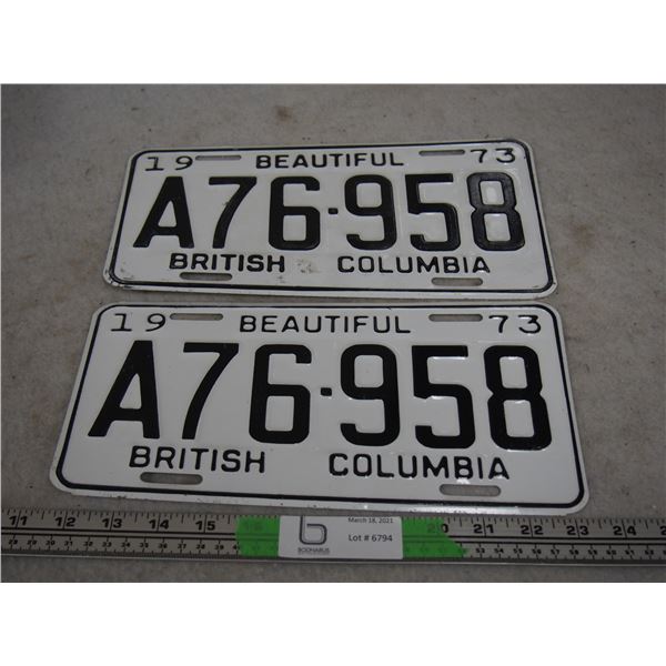 Pair of 1973 BC License Plates