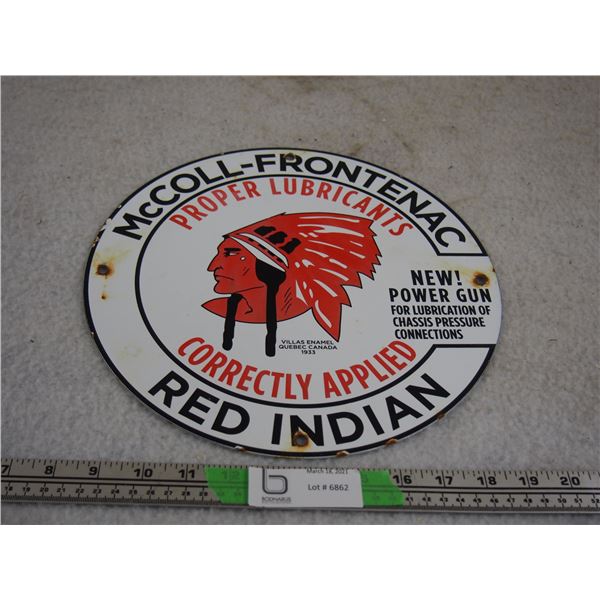 Red Indian McColl Finntome Enamel Sign 11.75" Diameter