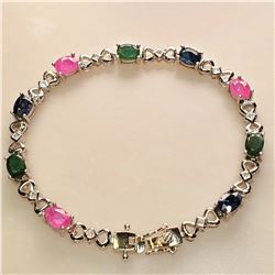 SILVER SAPPHIRE, EMERALD & RUBY(9CT) BRACELET 7.5"