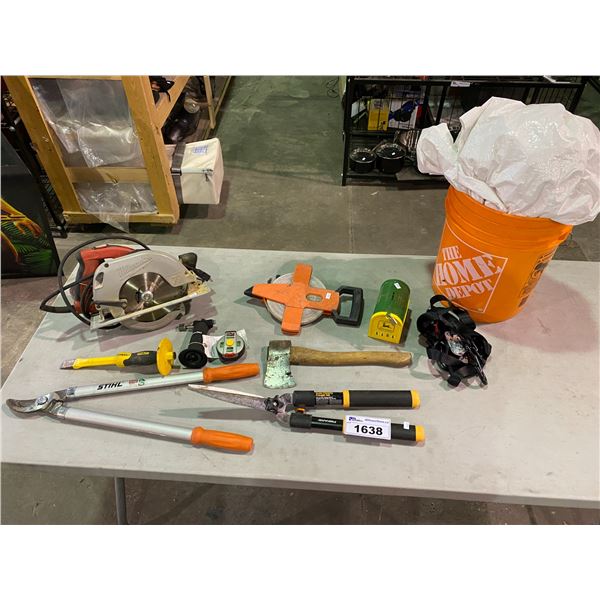 MILWAUKEE SAW, STIHL HEDGE TRIMMERS, FISKARS HEDGE TRIMMERS, STRAPS, MEASURING TAPE, TARP, BUCKET