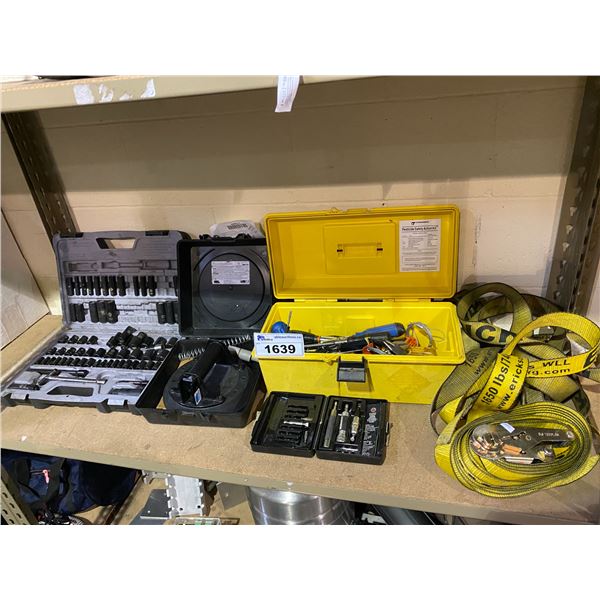 STANLEY SOCKET SET, GLASS HOLDER, TOOL BOX WITH CONTENTS, & STRAPS