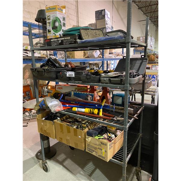 4 RACKS OF ASSORTED STORAGE LOCKER GOODS: POWER TOOLS, HAND TOOLS, CAR JACKS, GAMES, & MORE