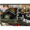 Image 4 : 4 RACKS OF ASSORTED STORAGE LOCKER GOODS: POWER TOOLS, HAND TOOLS, CAR JACKS, GAMES, & MORE