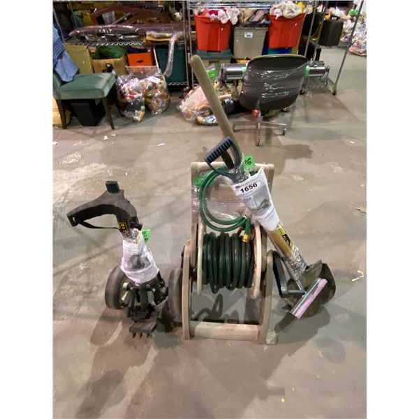 ROLL UP HOSE, GOLF CADDY WHEELER, & SHOVELS