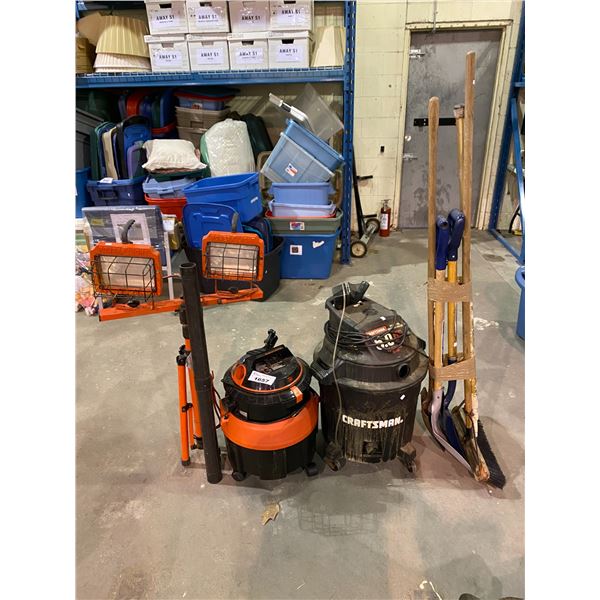 WORK LIGHT, 2 SHOP VACS, SHOVELS & BROOM
