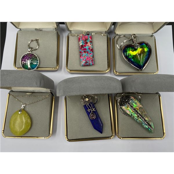 6 PENDANTS IN BOXES; TREE OF LIFE WITH TITANIUM AURA, TITANIUM CRYSTAL, SEDIMENT JASPER, ABALONE