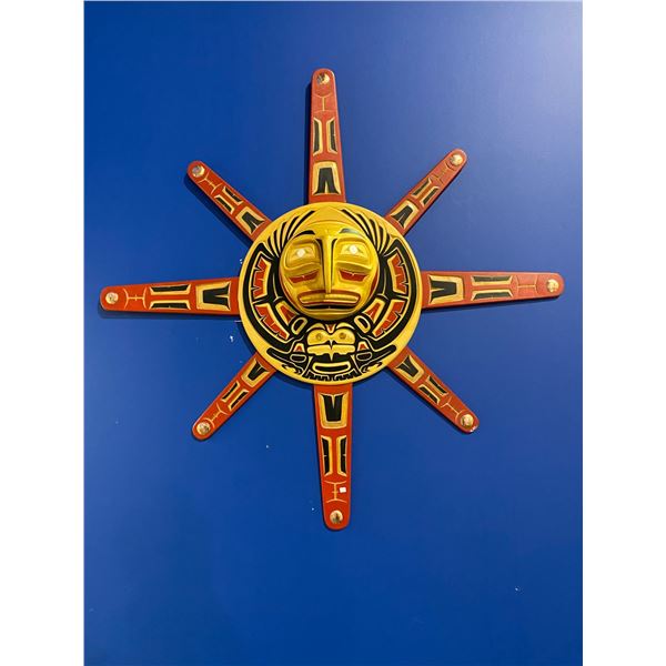 FIRST NATIONS HAND CARVED SUNMASK WITH MOTHER PEARL EYE ACCENTS & COPPER ACCENTS ON RAY TIPS 50"