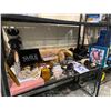 Image 2 : SHELF OF ASSORTED HOUSEHOLD ITEMS (HAND BAGS, BOOK, ORNAMENTS, DISPENSER, NAPKINS, QUEEN FITTED