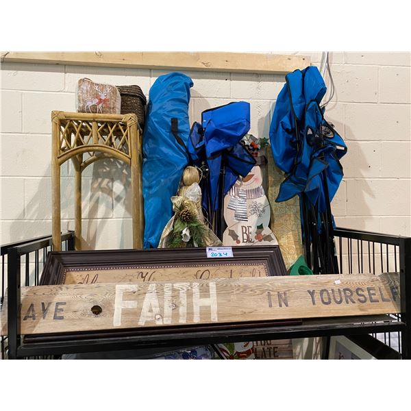 WALL PLAQUE, WALL ART, FOLDING CAMPING CHAIRS, WICKER SIDE TABLE, SMALL BASKET, XMAS DECOR, ETC