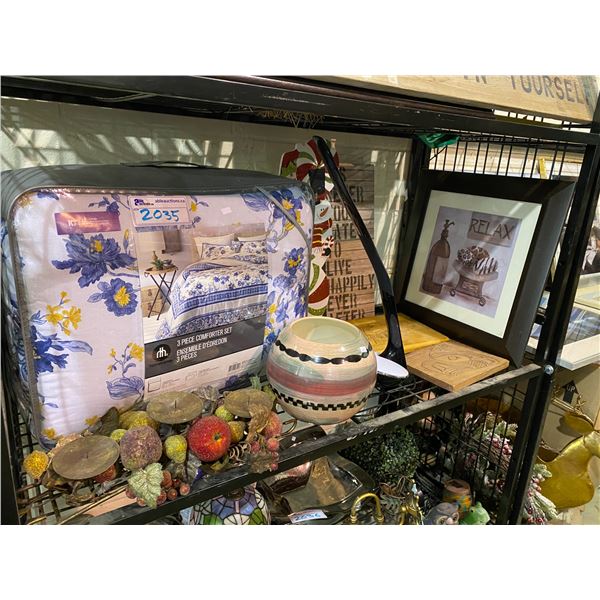 XMAS DECOR, ABORIGINAL WOOD ART, FRAMED PHOTO, KING SIZE COMFORTER SET, TABLE LAMP, BOWL, ETC