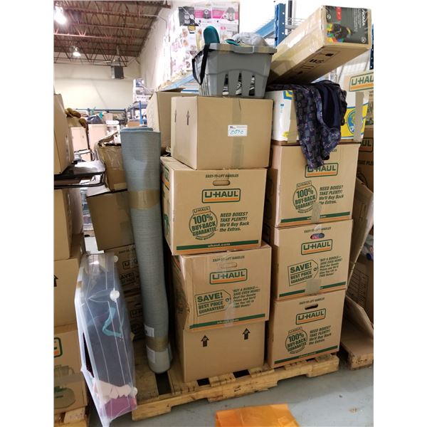 PALLET OF ASSORTED STORAGE LOCKER GOODS (HOUSEHOLD ITEMS, CLOTHES, AREA RUG, ETC)