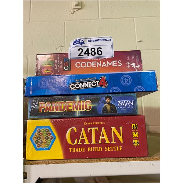 4 GAMES (3 NEW IN PACKAGING): CODE NAMES, CONNECT 4, PANDEMIC, SETTLERS OF CATAN