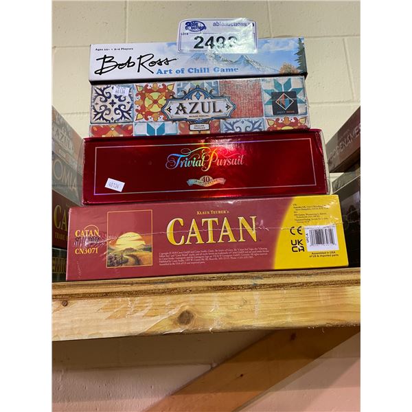 4 GAMES (2 NEW IN PACKAGING): BOB ROSS ART OF CHILL, AZUL, TRIVIAL PURSUIT, SETTLERS OF CATAN