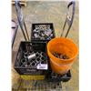 Image 1 : CRATES AND BUCKET OF ASSORTED METAL PARTS AND PIECES (CART NOT INCLUDED)