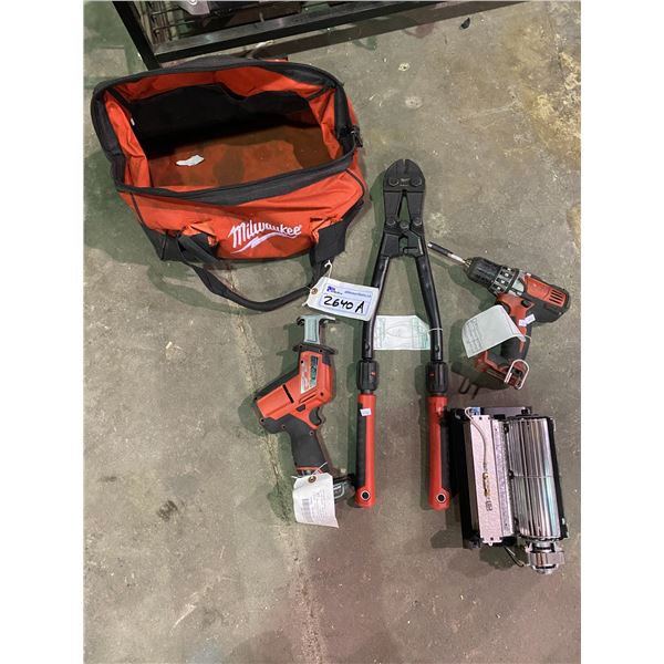 MILWAUKEE CORDLESS DRILL, HACKZALL, BOLT CUTTERS, TOOL BAG & MORE