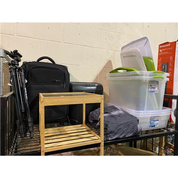 PLASTIC STORAGE BINS, O'NEILL JACKET, SMALL SIDE TABLE, TRAVEL LUGGAGE CASE, TRIPOD & PAPER SHREDDER