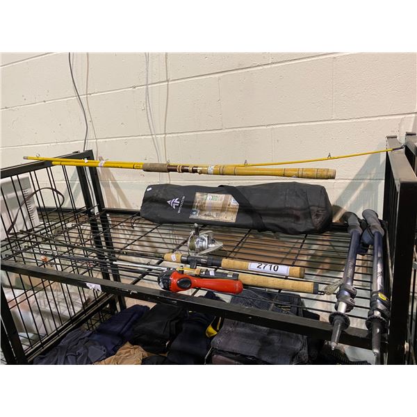 ASSORTED FISHING RODS & WOODS PORTABLE FOLDING TABLE