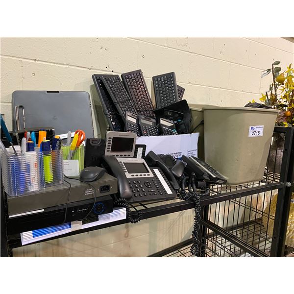 ASSORTED PHONES, TRASH BIN, OFFICE SUPPLIES, KEYBOARDS, & MORE