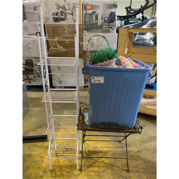 ORGANIZING STATION, FOLDING SIDE TABLE, BIN OF EASTER THEMED DECORE