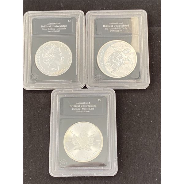 3 AUTHENTICATED SILVER COINS; GREAT BRITAIN, FIJI AND CANADA *TAX EXEMPT*