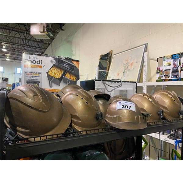 ASSORTED SET DEC PROP HELMETS (SOME HAVE RED OR GREEN LIGHTS ON SIDE)