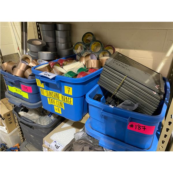 2 BINS FULL OF MOSTLY UNUSED TAPE, WHITEBOARDS, & BIN OF SPRAYERS