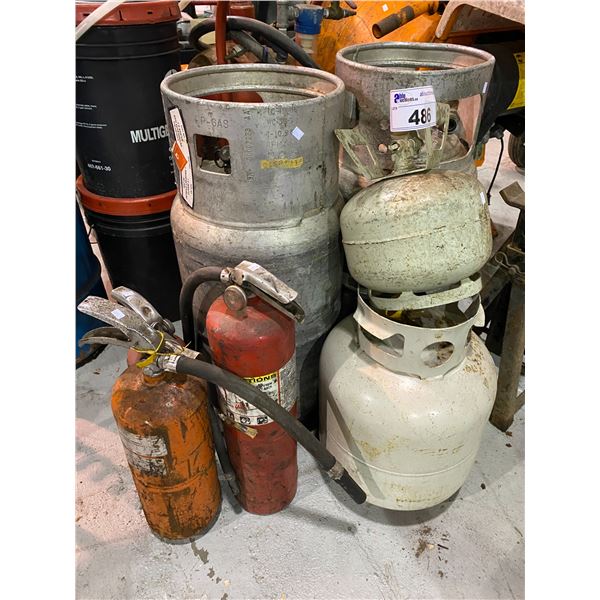 4 VARIOUS SIZED PROPANE TANKS & 3 FIRE EXTINGUISHERS