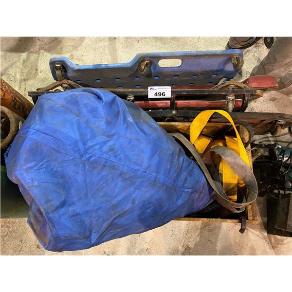 BOX OF STRAPS, BAG OF COVERALLS & 4 SHOP FLOOR CARTS