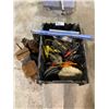 Image 1 : BOX OF VARIOUS TOOLS & PARTS INCLUDING 2 MAGNETIC RAILS, 2 HYDRAULIC  JACKS & 1 VICE.