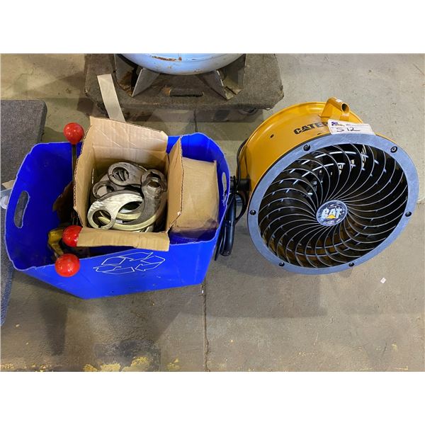 CATERPILLAR FLOOR FAN, TUB OF CRIMPING & STRAPPING TOOLS & EQUIPMENT