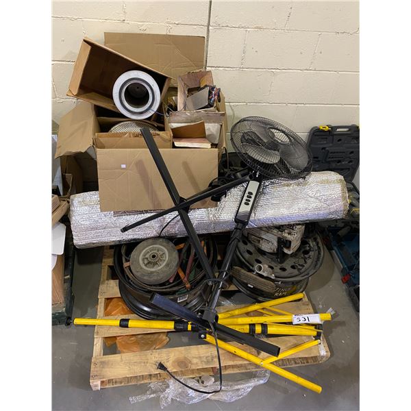 PALLET OF VARIOUS ELECTRICAL PARTS, FILTERS, 2 ELECTRIC FANS & 3 TIRE RIMS