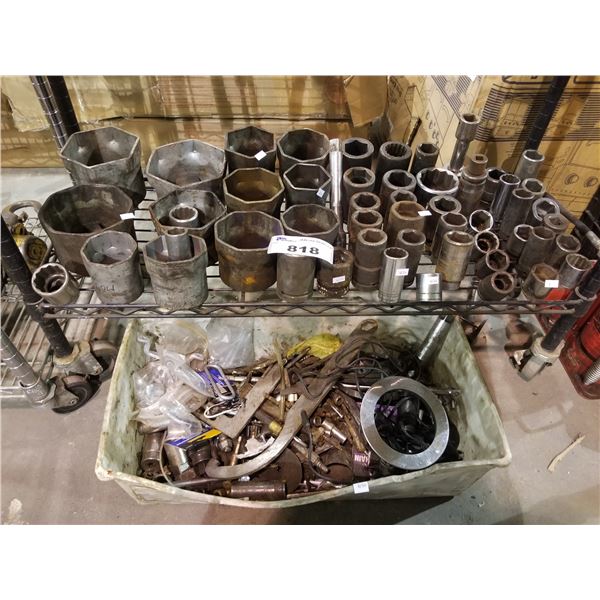 SHELF OF ASSORTED SOCKETS & BIN OF ASSORTED TOOLS