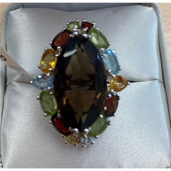 SILVER SMOKY QUARTZ & PERIDOT(8.8CT) RING